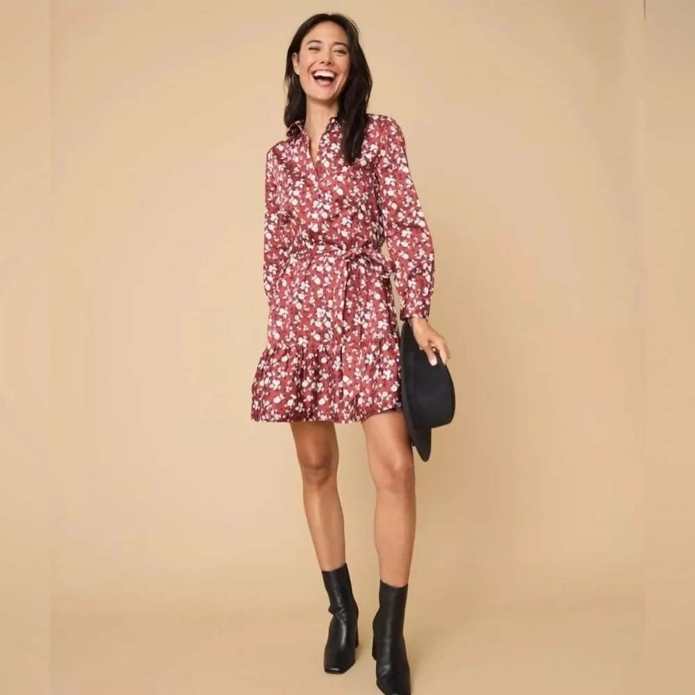 UNTUCKit‎ Chessie Shirt Dress Red Floral Belted Cotton Long Sleeve Womens 16